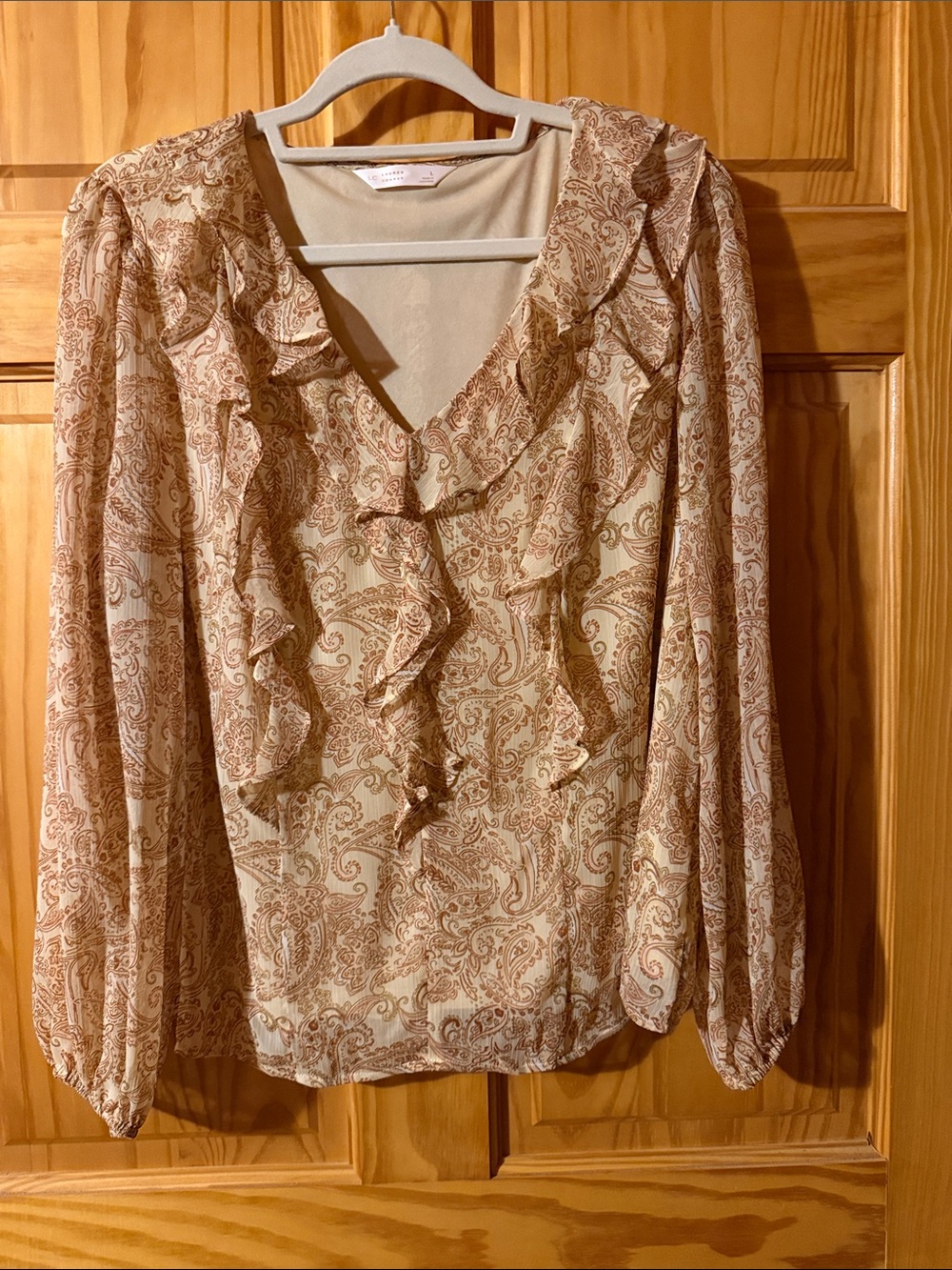 Lauren Conrad Women's Ruffle V-Neck Paisley Blouse - Cream & Brown Size L
